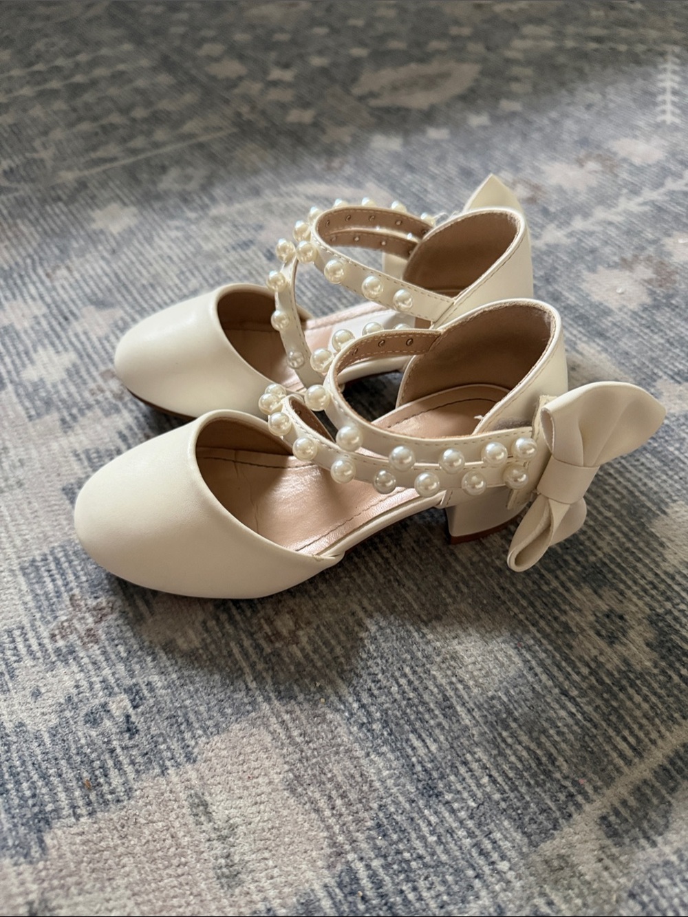 Girls Cream Pearl-Strap Dress Heels with Bow